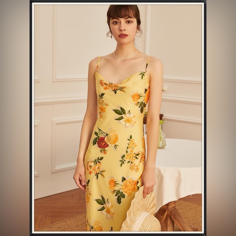 Simple Retro Yellow Floral Elena Dress Size XS, scoop
Neck, spaghetti strap